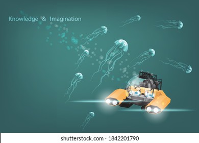 Educational concept of knowledge and imagination offers personal submarine or a small submarine in the ocean with children and jellyfish isolated on gradient navy green background.