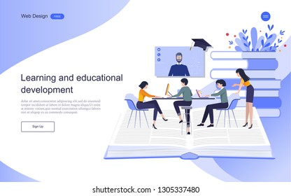 Educational concept for online learning Training to develop knowledge in the organization. E-learning for social media.Flat design vector illustration.