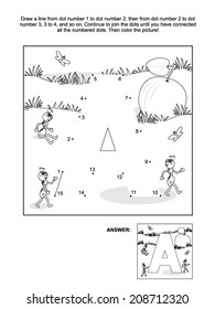 Educational connect the dots picture puzzle and coloring page - letter A, apple and ants. Answer included. 