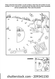 Educational connect the dots picture puzzle and coloring page - letter D, donkey and drum. Answer included. 