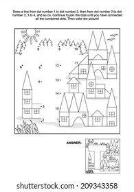 Educational connect the dots picture puzzle and coloring page - letter T and toy town. Answer included. 