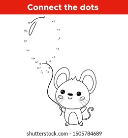 Educational connect number dot to dot game. Kawaii mouse with balloon. Coloring page for kids. Vector illustration.