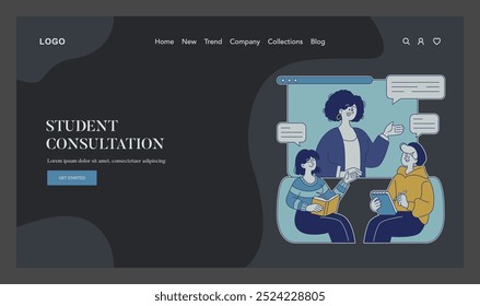 Educational consultation concept. A teacher discusses coursework with students in a dynamic lecture setting. Interactive academic session. Vector illustration.