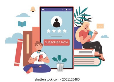 Mitgliedschaft in Bildungsangeboten in flacher Illustration. Junge und Mädchen, die Mobiltelefone benutzen, während sie in Büchern sitzen, und Abonnement-CTA, um auf ihren Telefonbildschirmen gezeigt,