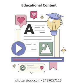 Contenido educativo. Aprendizaje digital y expansión del conocimiento. Cursos en línea, exploración académica, compromiso académico electrónico. Ilustración vectorial plana.