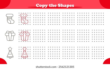 Educational copy the image activity game for kids featuring Christmas shapes and patterns, replicate image by dots