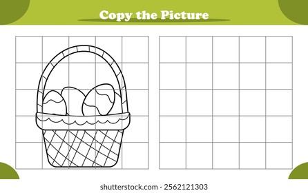 Educational copy the pattern activity game for kids featuring Easter basket with eggs, replicate image and learn how to draw