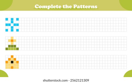 Educational copy the pattern activity game for kids featuring shapes and elements, replicate image by dots