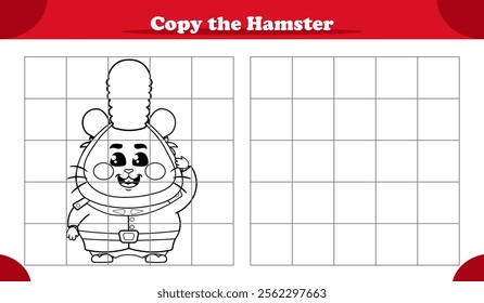 Educational copy the pattern activity game for kids featuring cute Hamster character dressed in British uniform, replicate image and learn how to draw