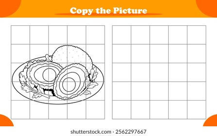 Educational copy the pattern activity game for kids featuring traditional British food Scotch eggs, replicate image and learn how to draw