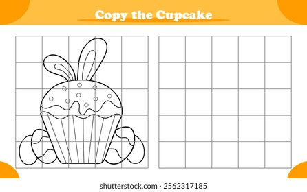 Educational copy the pattern activity game for kids featuring Easter cupcake with bunny ears, replicate image and learn how to draw