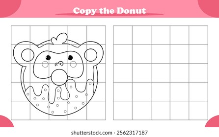 Educational copy the pattern activity game for kids featuring monkey shaped donut, replicate image and learn how to draw