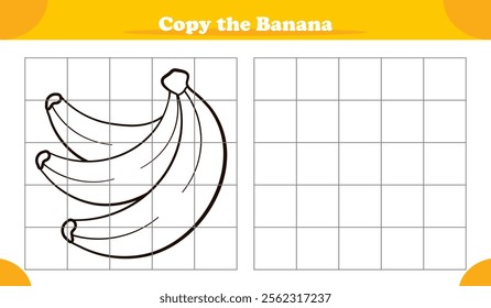 Educational copy the pattern activity game for kids featuring banana fruit, replicate image and learn how to draw