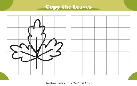 Educational copy the picture activity game for kids featuring autumn leaves, replicate image and learn how to draw