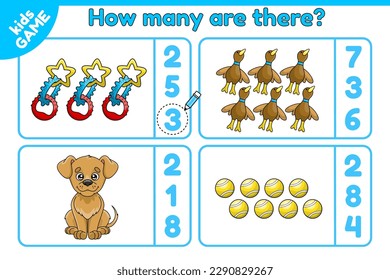 Educational counting game for kids. Math game How many objects. Count and choose the correct answer. Worksheet for preschool and school children. Cartoon puppies and dog toys. Cute vector illustration