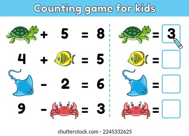 Educational counting game for kids. Mathematical puzzle with cartoon cute sea animals. Count and write the result. Worksheet for preschool and school children. Vector illustration.