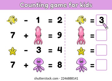 Educational counting game for kids. Mathematical puzzle with cartoon cute sea animals. Calculate and write the result. Activity for preschool and school children. Vector illustration.