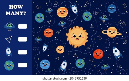 Educational counting game for kids with planets of solar system, math riddle in cartoon style with spaceships and alien rockets, stars, printable worksheet, galaxy themed puzzle