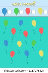 Educational counting game for preschool children with different balloons. vector illustration.