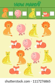 Educational counting game for preschool children with different animals of Africa. vector illustration.