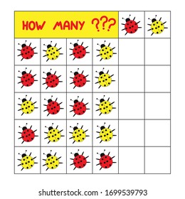 Educational counting game for preschool children. Vector illustration. Count how many ladybugs of a certain color