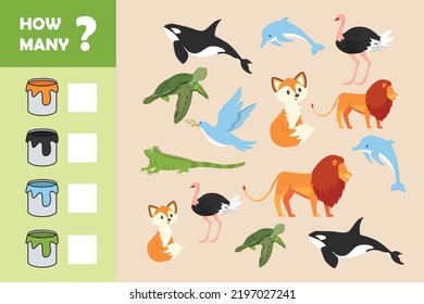 Educational Counting Game for Preschool kids with Animals. Kids puzzle concept. Flat vector illustration isolated.