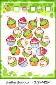 Educational counting game for preschool kids with different sweets. How many cupcakes, donuts and ice cream do you see? Cartoon vector illustration.