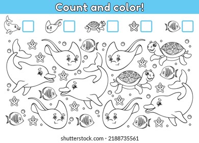 Educational counting math game for kids. Count how many object and write the result. Coloring book. Printable worksheet for kindergarten and preschool. Cartoon sea animals. Vector illustration.