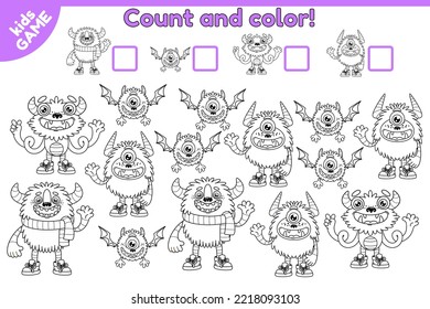 Educational counting math game for kids. Count how many object and write the result. Coloring book. Cartoon monsers. Vector illustration.