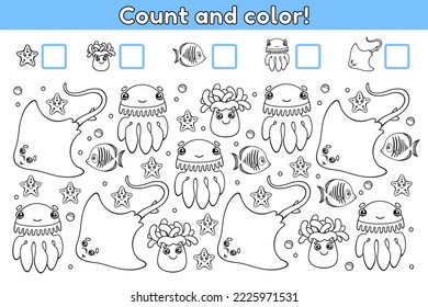 Educational counting math game for kids. Count how many object and write the result. Coloring book. Cartoon sea animals. Vector illustration.