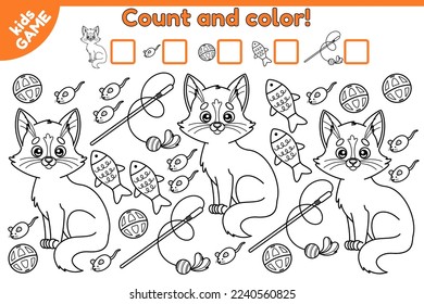 Educational counting math game for kids. Count how many cats and cat toys and write down the result. Coloring page with cartoon cat and cat toys. Vector illustration.