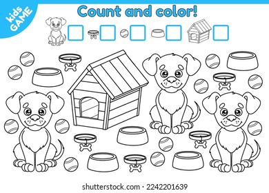 Educational counting math game for kids. Calculate how many dogs and dog accessories. Coloring page with cartoon puppy, balls, collars, bowls and kennel. Activity for children. Vector illustration.