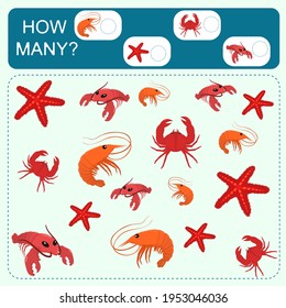 Educational counting math game on the theme of the sea for preschool children. Count the number of shrimps, crabs, starfish and lobsters in the picture and record the result