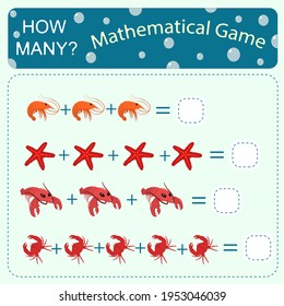 Juego de matemáticas de conteo educativo sobre el tema del mar para niños preescolares. Contar el número de gambas, cangrejos, langostas y langostas en la imagen y registrar el resultado