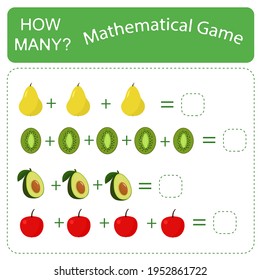pädagogisches Zählspiel für Vorschulkinder. Zählen Sie die Anzahl der Avocados, Birnen, Äpfel und Kiwis auf dem Bild und schreiben Sie das Ergebnis auf.
