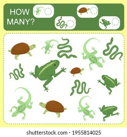 Educational counting math game for preschool children on the theme of reptiles. Count the number of lizards, turtles, chameleons and snakes in the picture and record the result