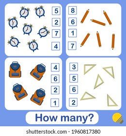 Educational counting math game for preschool children on the theme of fruits. Count the number of alarm clocks, pencils, rulers, and backpacks on the picture and find the right number