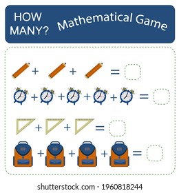 Educational counting math game for preschool children on the theme of reptiles. Count the number of alarm clocks, pencils, rulers, and backpacks on the picture and write the right number