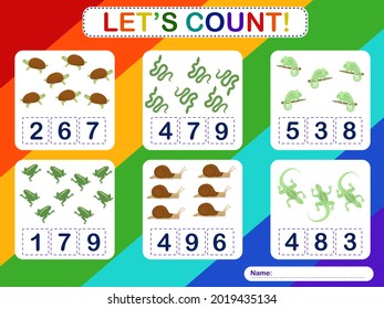 Educational counting math game for preschool children on the theme of fruits. Count and find the right number. Game with reptiles
