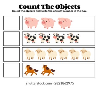 Educational counting worksheet for kids count farm animals pigs sheep and horses write the correct number printable mathematical activity page for preschool children