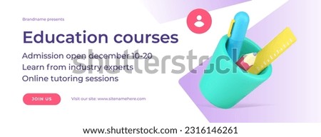 Educational courses admission back to school promo announce social media banner 3d icon vector illustration. Academic college university lessons e learning beginnings management registration