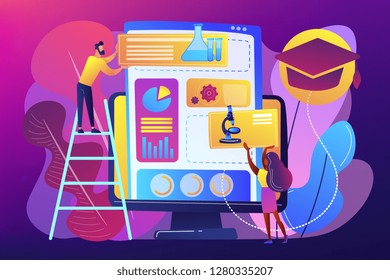 Educational courses management software on computer screen. Learning management system, educational technology, online learning delivery concept. Bright vibrant violet vector isolated illustration