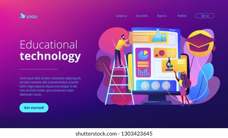 Educational courses management software on computer screen. Learning management system, educational technology, online learning delivery concept. Website vibrant violet landing web page template.