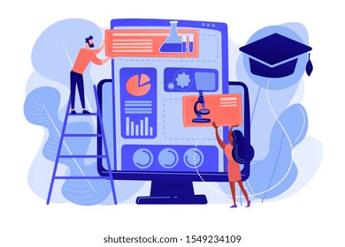 Educational courses management software on computer screen. Learning management system, educational technology, online learning delivery concept. Pinkish coral bluevector isolated illustration