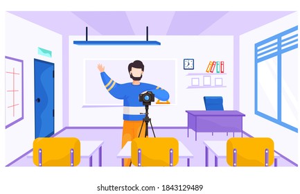 Educational courses. Photographer with a camera takes pictures of pupils. Lesson in photographic art. Guy with a camera raises his right hand. Cameraman asks the students to prepare for shooting