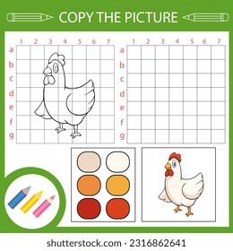 Juego educativo creativo de copiar imágenes usando una cuadrícula. Lección de dibujo, libro de colorear y página de arte. Ilustración vectorial de un lindo pollo de dibujos animados. 