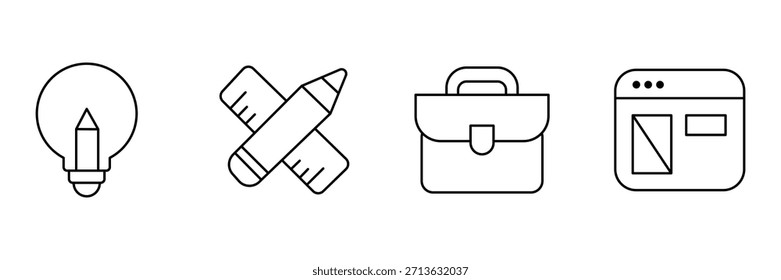 Educational creative icon set, pencil lightbulb idea, crossed ruler pencil, briefcase portfolio, web layout window outline vector illustration.