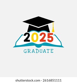 Educational creative logo for 2025th graduates. Badge concept. Decorative icon. School banner. Isolated graphic elements. Open blue book and black mortarboard cap. Typography design. Colored sign.