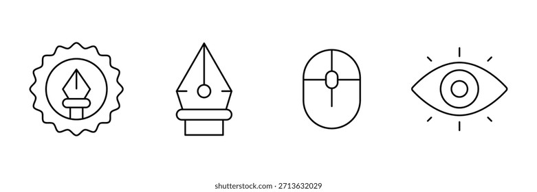 Educational creativity icon set, pen nib badge, fountain tip tool, computer mouse control, eye vision insight outline vector illustration.