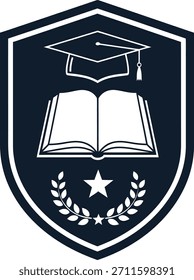 Escudo educativo con gorra de graduación, libro, estrella y ramas de Laurel